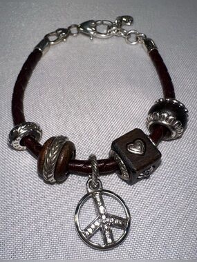Vintage Retired Brighton Leather Charm Bracelet - Peace Sign & Heart Beads